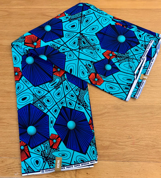 Àshírí - African Ankara Kitenge Cotton Dressmaking Fabric Sold by the Yard Multicolored Blue/Orange Hexagon Geometric Design