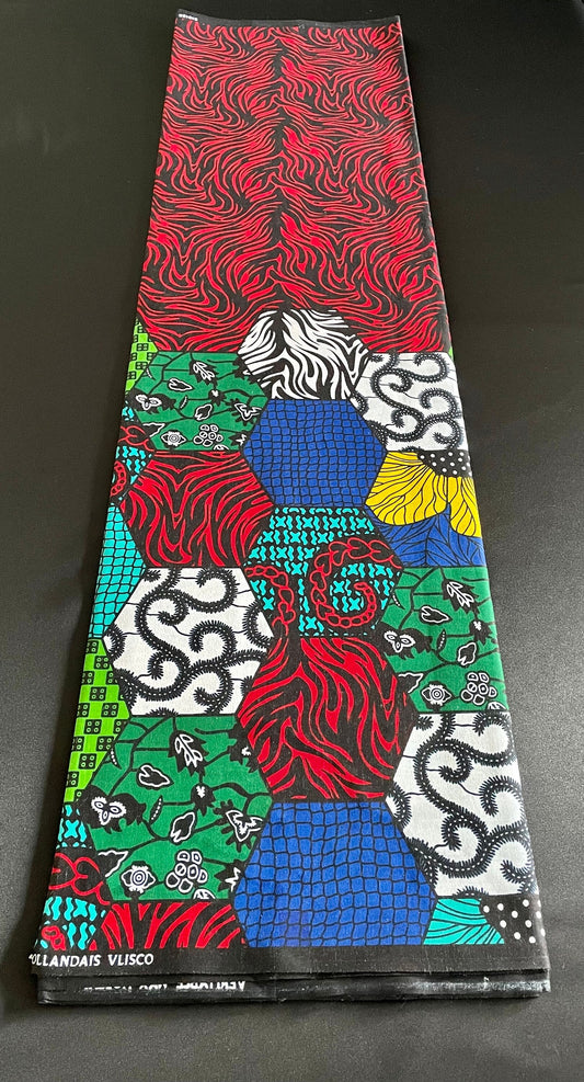Wigwo - African Ankara Kitenge Cotton Dressmaking Fabric Sold by the Yard Multicolored Red/White/Black/Yellow Geometric Pattern Fabric